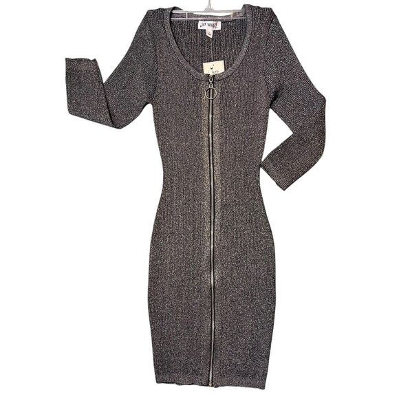 Say What Dress Womens Large Black Silver Zip Front Metallic Bodycon Party Knit - Picture 13 of 14